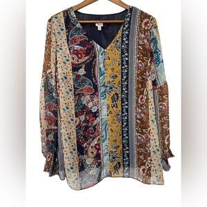 Women’s Dress Barn Boho Patchwork Smocked Sleeve Blouse Floral Fairy Grunge 2X